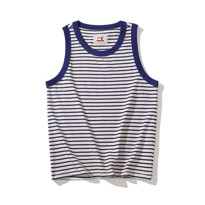 Akkad Kuti Japanese Retro Casual Tank Top Men Heavyweight 100% Cotton Blue White Striped Vest Male Loose Tops Summer New 2021
