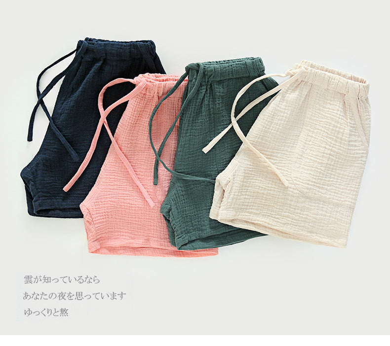 Spring and summer men's new style 100% cotton crepe shorts casual couple pajamas men and women solid color plus size home pants