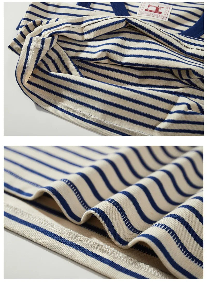 Akkad Kuti Japanese Retro Casual Tank Top Men Heavyweight 100% Cotton Blue White Striped Vest Male Loose Tops Summer New 2021