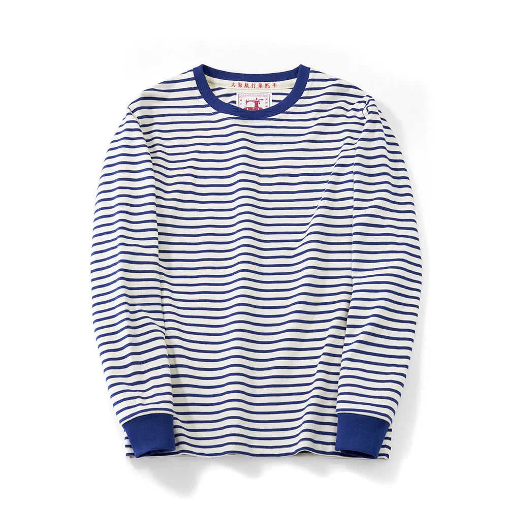 Winter New Blue White Striped Long Sleeve T Shirt Men Japanese Retro Heavy Weight Cotton Casual Tops Lovers Shirt Streetwear