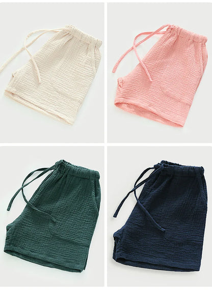 Spring and summer men's new style 100% cotton crepe shorts casual couple pajamas men and women solid color plus size home pants