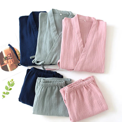 2026 Japanese Kimono Set 100%Cotton Pajamas Two-piece Couple Yukata Loose Men's And Women's Sweat Steaming Suit Home Service Set