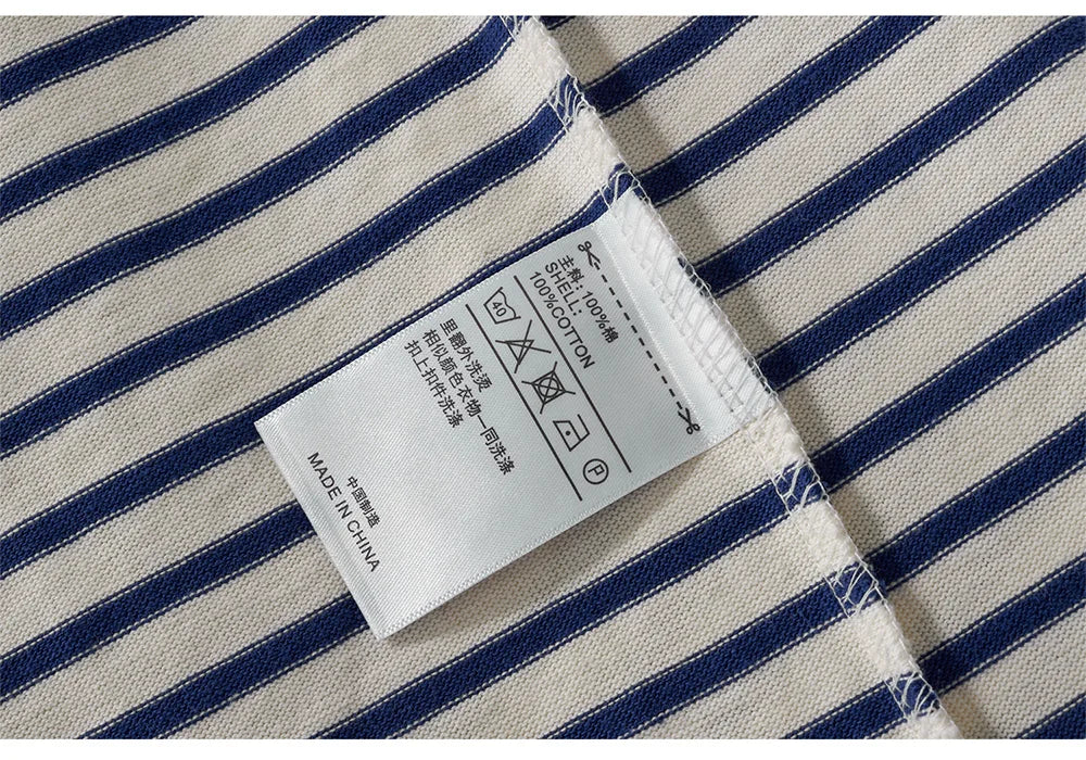 Winter New Blue White Striped Long Sleeve T Shirt Men Japanese Retro Heavy Weight Cotton Casual Tops Lovers Shirt Streetwear