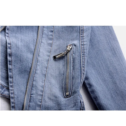 Short Zipper Stretch Denim Jacket Women Slim Vintage Spring Autumn Lady Long-sleeved Motorcycle Coat Casual Female Jean Outwear