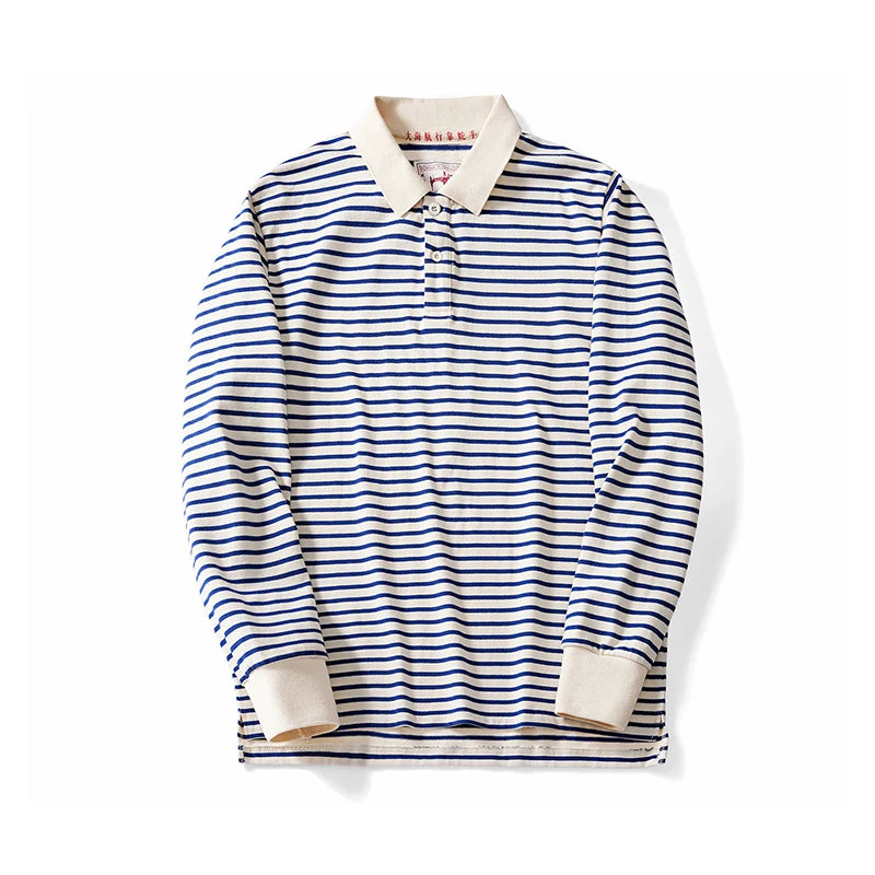 Autumn New Long Sleeve Polo Shirt Men Japanese Retro Loose Combed Cotton Striped Shirts Casual Streetwear Lapel Tops Oversize