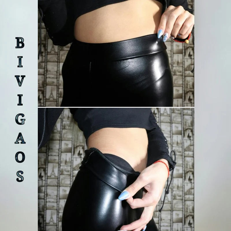 BIVIGAOS Fashion Women PU Leather Pants Elastic High Waist Winter Leggings Slim Velvet Leather Leggings Skinny Fleece Trousers