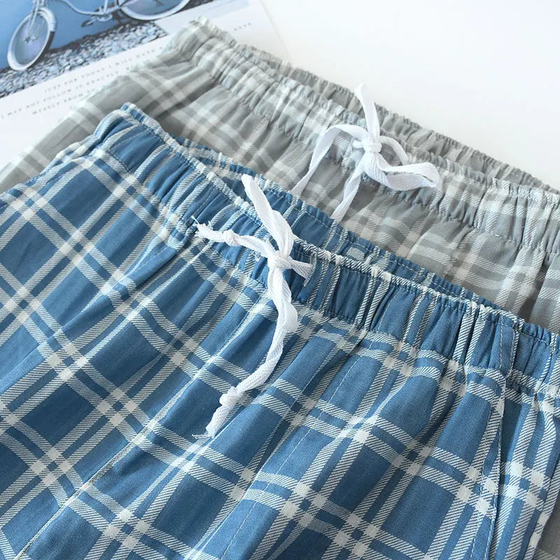 Men's Cotton Gauze Trousers Plaid Knitted Sleep Pants Woman Pajamas Pants Bottoms Sleepwear Short for Couples Pijama Hombre