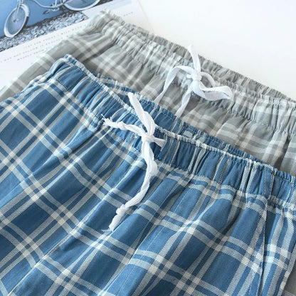 Men's Cotton Gauze Trousers Plaid Knitted Sleep Pants Woman Pajamas Pants Bottoms Sleepwear Short for Couples Pijama Hombre