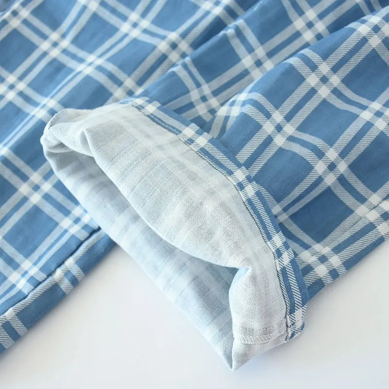 Men's Cotton Gauze Trousers Plaid Knitted Sleep Pants Woman Pajamas Pants Bottoms Sleepwear Short for Couples Pijama Hombre