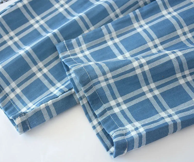 Men's Cotton Gauze Trousers Plaid Knitted Sleep Pants Woman Pajamas Pants Bottoms Sleepwear Short for Couples Pijama Hombre