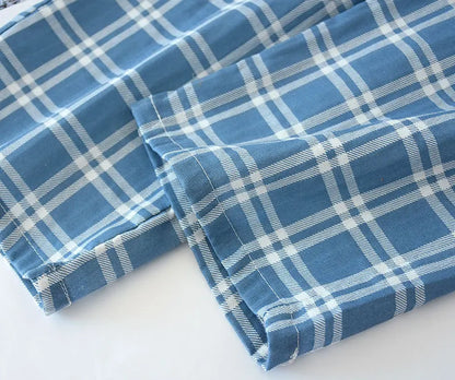 Men's Cotton Gauze Trousers Plaid Knitted Sleep Pants Woman Pajamas Pants Bottoms Sleepwear Short for Couples Pijama Hombre