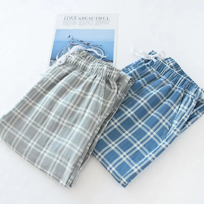 Men's Cotton Gauze Trousers Plaid Knitted Sleep Pants Woman Pajamas Pants Bottoms Sleepwear Short for Couples Pijama Hombre