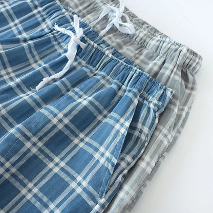 Men's Cotton Gauze Trousers Plaid Knitted Sleep Pants Woman Pajamas Pants Bottoms Sleepwear Short for Couples Pijama Hombre