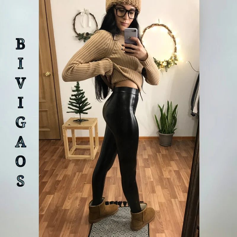BIVIGAOS Fashion Women PU Leather Pants Elastic High Waist Winter Leggings Slim Velvet Leather Leggings Skinny Fleece Trousers