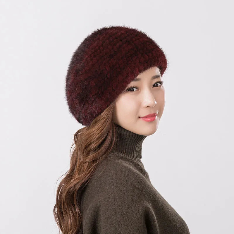 Women's fur beret hat high quality mink knitted hat Fashion warm mink velvet knitted fur beret cap