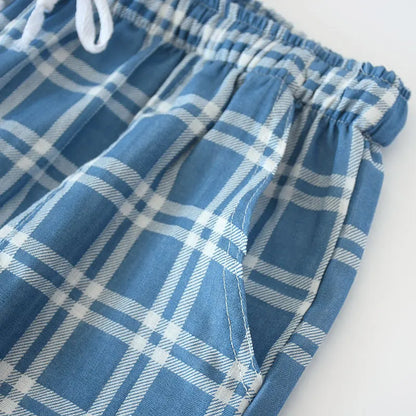 Men's Cotton Gauze Trousers Plaid Knitted Sleep Pants Woman Pajamas Pants Bottoms Sleepwear Short for Couples Pijama Hombre