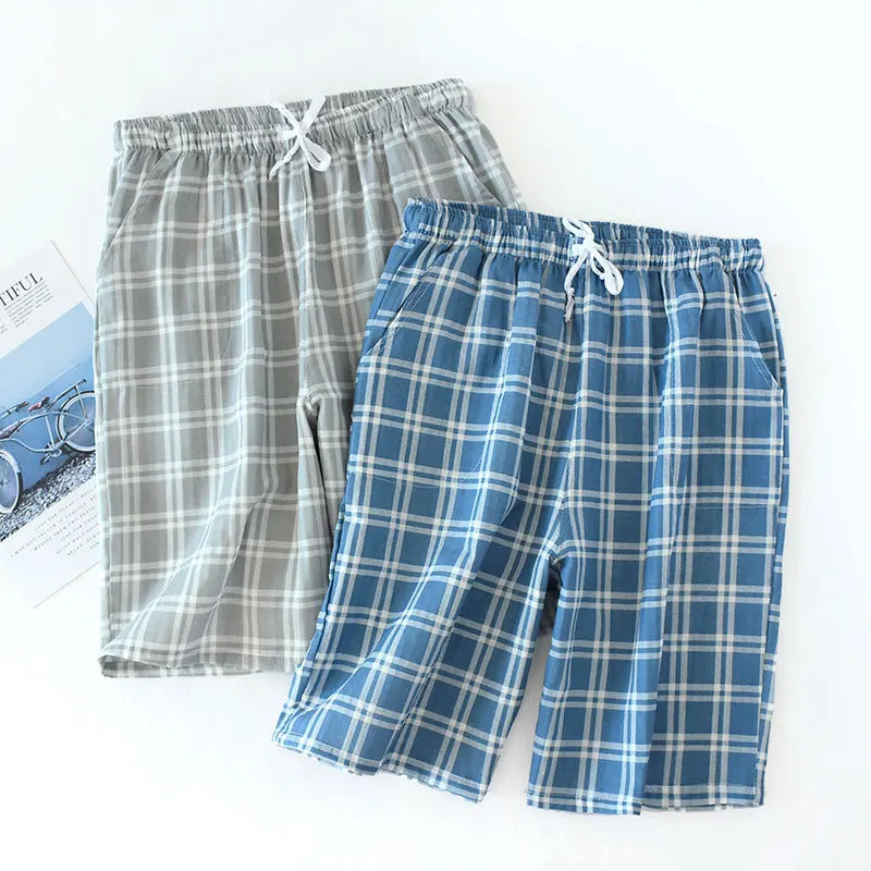 Men's Cotton Gauze Trousers Plaid Knitted Sleep Pants Woman Pajamas Pants Bottoms Sleepwear Short for Couples Pijama Hombre