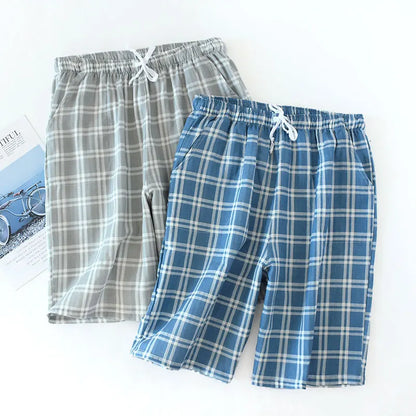 Men's Cotton Gauze Trousers Plaid Knitted Sleep Pants Woman Pajamas Pants Bottoms Sleepwear Short for Couples Pijama Hombre