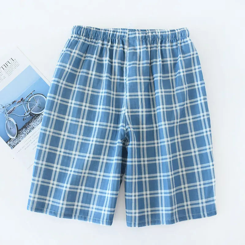 Men's Cotton Gauze Trousers Plaid Knitted Sleep Pants Woman Pajamas Pants Bottoms Sleepwear Short for Couples Pijama Hombre