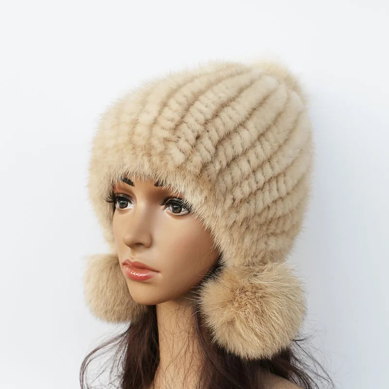 Fashion Women Real mink hat Winter warm mink fur knit hats Women fox fur ball cap