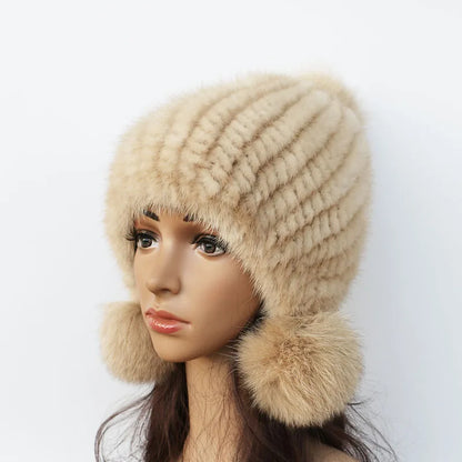 Fashion Women Real mink hat Winter warm mink fur knit hats Women fox fur ball cap