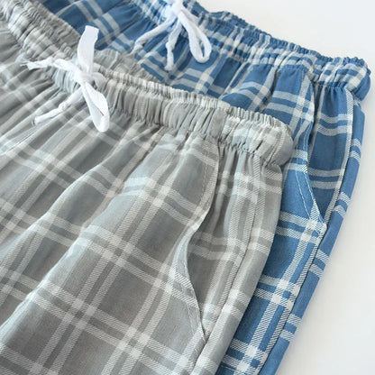 Men's Cotton Gauze Trousers Plaid Knitted Sleep Pants Woman Pajamas Pants Bottoms Sleepwear Short for Couples Pijama Hombre