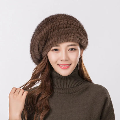Women's fur beret hat high quality mink knitted hat Fashion warm mink velvet knitted fur beret cap