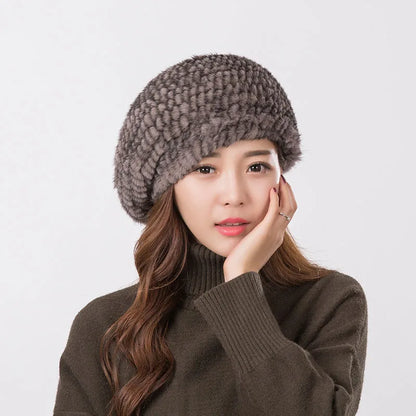 Women's fur beret hat high quality mink knitted hat Fashion warm mink velvet knitted fur beret cap