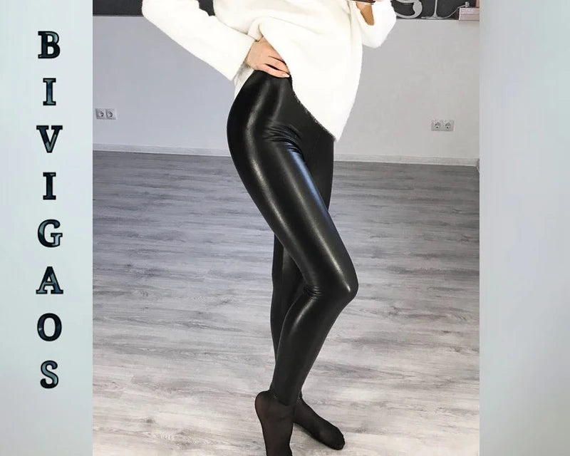 BIVIGAOS Fashion Women PU Leather Pants Elastic High Waist Winter Leggings Slim Velvet Leather Leggings Skinny Fleece Trousers