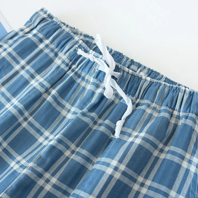 Men's Cotton Gauze Trousers Plaid Knitted Sleep Pants Woman Pajamas Pants Bottoms Sleepwear Short for Couples Pijama Hombre