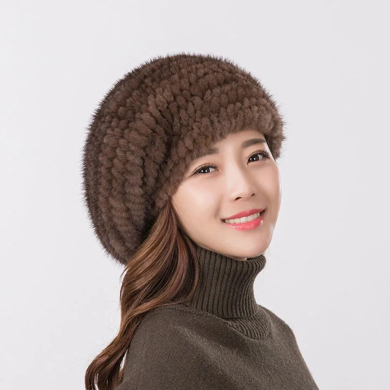 Women's fur beret hat high quality mink knitted hat Fashion warm mink velvet knitted fur beret cap