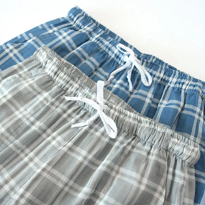 Men's Cotton Gauze Trousers Plaid Knitted Sleep Pants Woman Pajamas Pants Bottoms Sleepwear Short for Couples Pijama Hombre