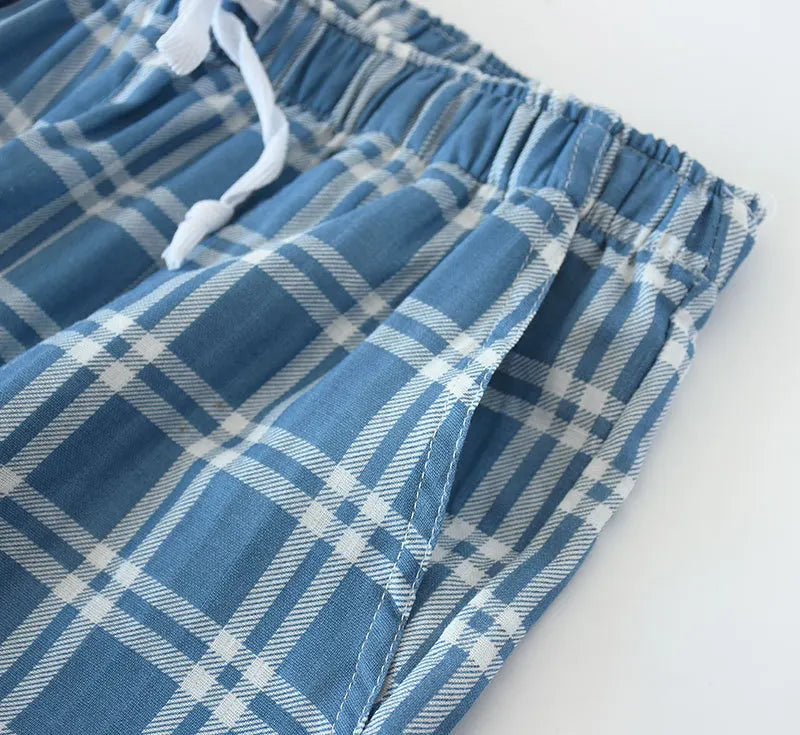 Men's Cotton Gauze Trousers Plaid Knitted Sleep Pants Woman Pajamas Pants Bottoms Sleepwear Short for Couples Pijama Hombre