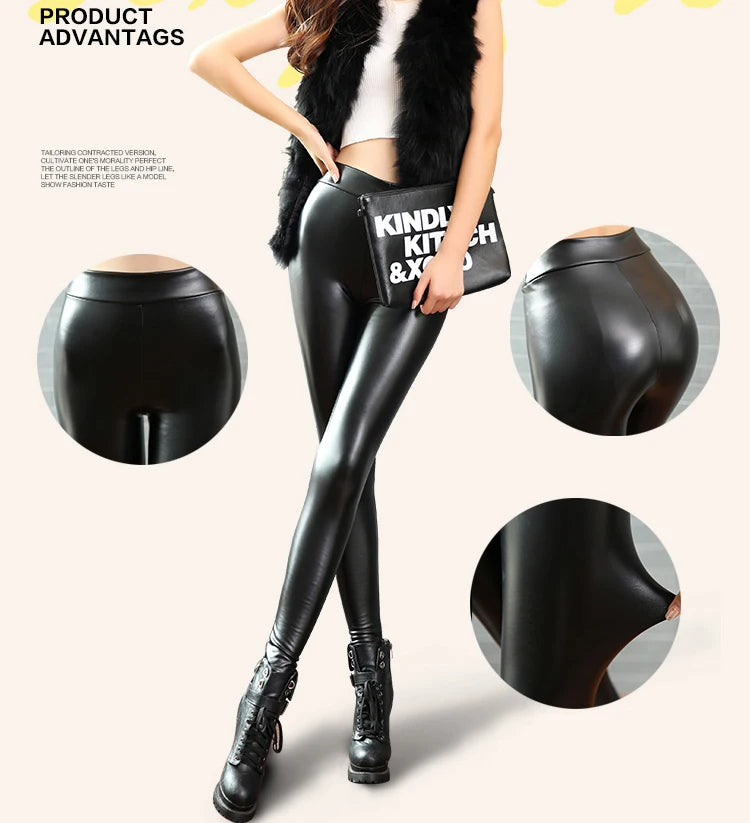 BIVIGAOS Fashion Women PU Leather Pants Elastic High Waist Winter Leggings Slim Velvet Leather Leggings Skinny Fleece Trousers