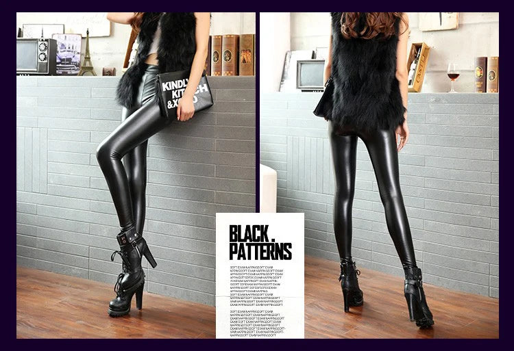 BIVIGAOS Fashion Women PU Leather Pants Elastic High Waist Winter Leggings Slim Velvet Leather Leggings Skinny Fleece Trousers