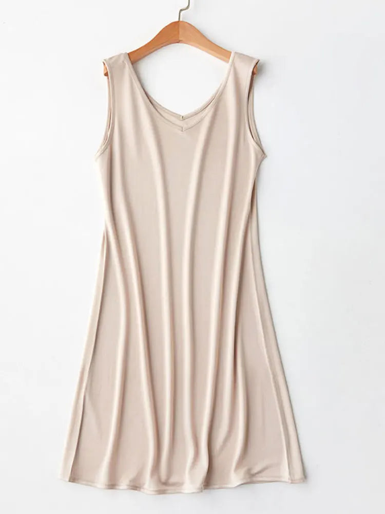 SuyaDream Woman Full Slips V neck Solid Mini Dress Comfortable Sleep Dress Blue Nude Underwear