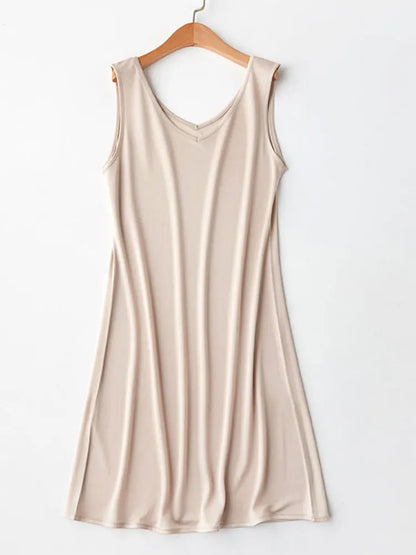 SuyaDream Woman Full Slips V neck Solid Mini Dress Comfortable Sleep Dress Blue Nude Underwear