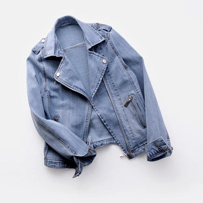 Short Zipper Stretch Denim Jacket Women Slim Vintage Spring Autumn Lady Long-sleeved Motorcycle Coat Casual Female Jean Outwear