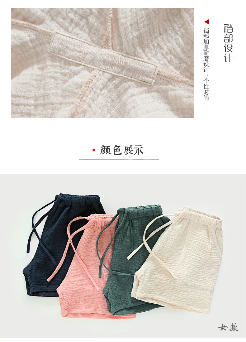 Spring and summer men's new style 100% cotton crepe shorts casual couple pajamas men and women solid color plus size home pants