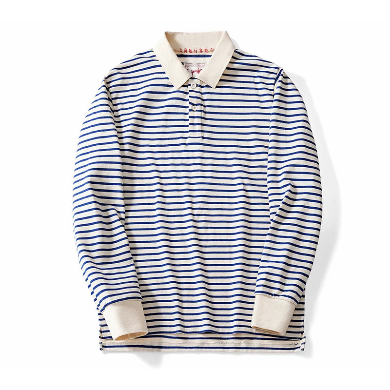 Autumn New Long Sleeve Polo Shirt Men Japanese Retro Loose Combed Cotton Striped Shirts Casual Streetwear Lapel Tops Oversize