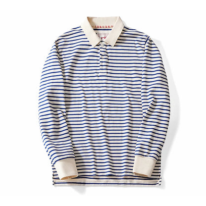 Autumn New Long Sleeve Polo Shirt Men Japanese Retro Loose Combed Cotton Striped Shirts Casual Streetwear Lapel Tops Oversize