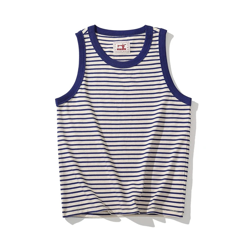Akkad Kuti Japanese Retro Casual Tank Top Men Heavyweight 100% Cotton Blue White Striped Vest Male Loose Tops Summer New 2021