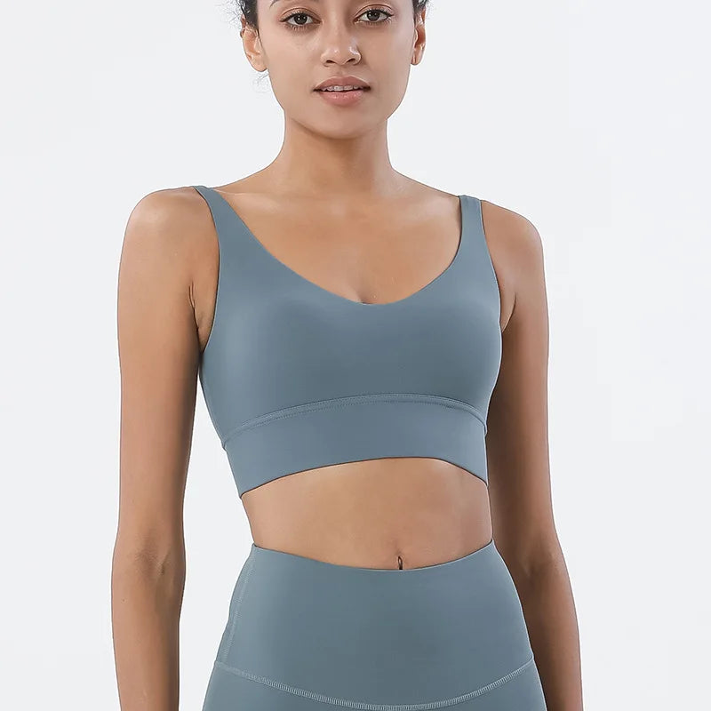 SOISOU Nylon Bra Top Women Gym Sexy Tight Sports Bra Fitness Yoga Women's Underwear Chest Pad Removable Anti-shake Bra 15 Colors