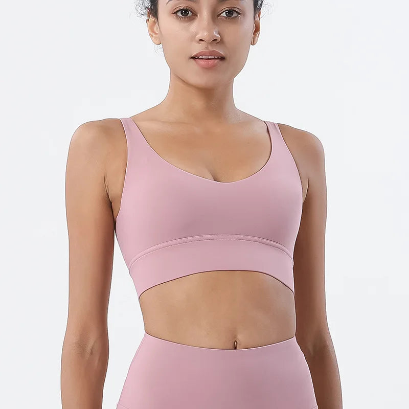 SOISOU Nylon Bra Top Women Gym Sexy Tight Sports Bra Fitness Yoga Women's Underwear Chest Pad Removable Anti-shake Bra 15 Colors