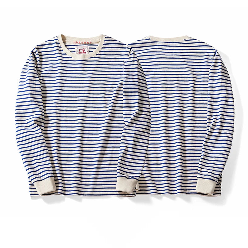 Autumn New Heavy Weight Long Sleeve Tshirt Men Cotton Round Neck Stripe Knited T Shirt Men Retro Casual Streetwear Tops Oversize
