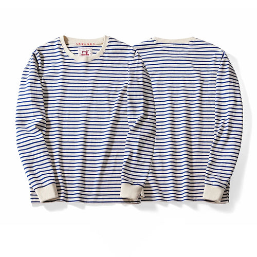 Autumn New Heavy Weight Long Sleeve Tshirt Men Cotton Round Neck Stripe Knited T Shirt Men Retro Casual Streetwear Tops Oversize