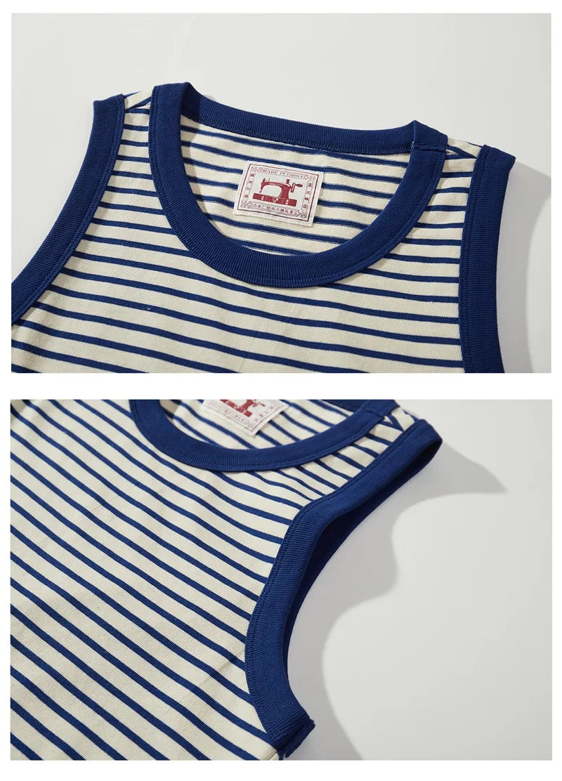 Akkad Kuti Japanese Retro Casual Tank Top Men Heavyweight 100% Cotton Blue White Striped Vest Male Loose Tops Summer New 2021