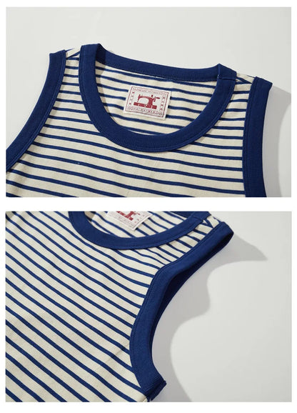 Akkad Kuti Japanese Retro Casual Tank Top Men Heavyweight 100% Cotton Blue White Striped Vest Male Loose Tops Summer New 2021