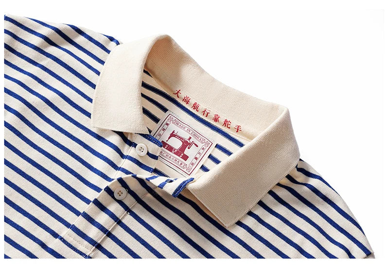 Autumn New Long Sleeve Polo Shirt Men Japanese Retro Loose Combed Cotton Striped Shirts Casual Streetwear Lapel Tops Oversize
