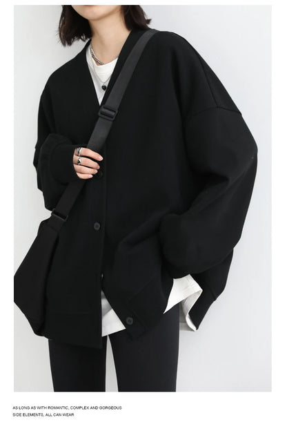 CHIC VEN Korean Autumn Winter Women's Sports Coat Casual Loose V-neck Sweatshirt for Women Thick Warm Tops Office Lady Female